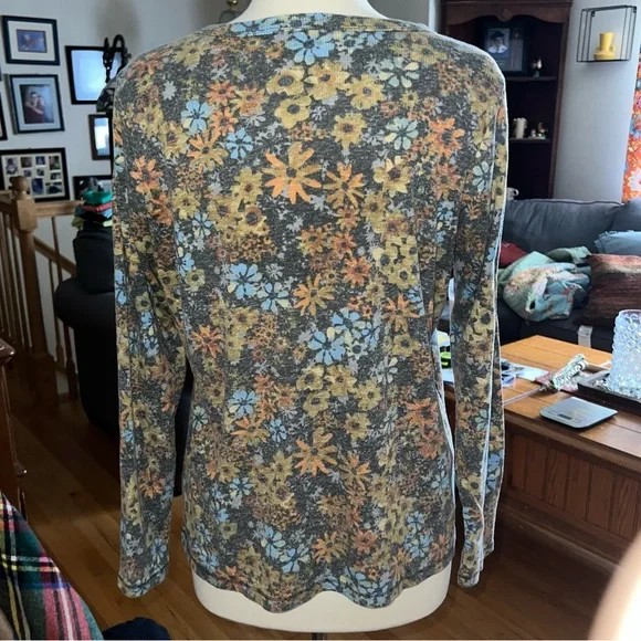 Sonoma Size XL Snap Long Sleeve Floral Crewneck Ribbed Henley - Picture 2 of 3